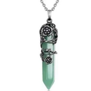 Antique Silver Flower Wrapped Natural Green Aventurine Healing Crystal Necklace